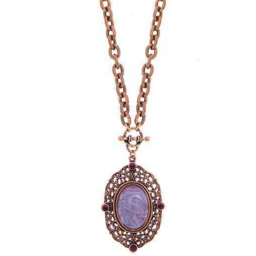 Amethyst Glass Quartz & Amethyst Crystal Filigree Pendant Necklace 30" - Picture 2 of 8